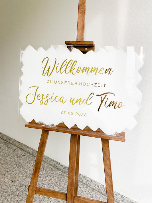 Willkommensschild für Events aus Acrylglas | Weißer Hintergrund | 60 x 40 cm groß | personalisierte Empfangstafel
